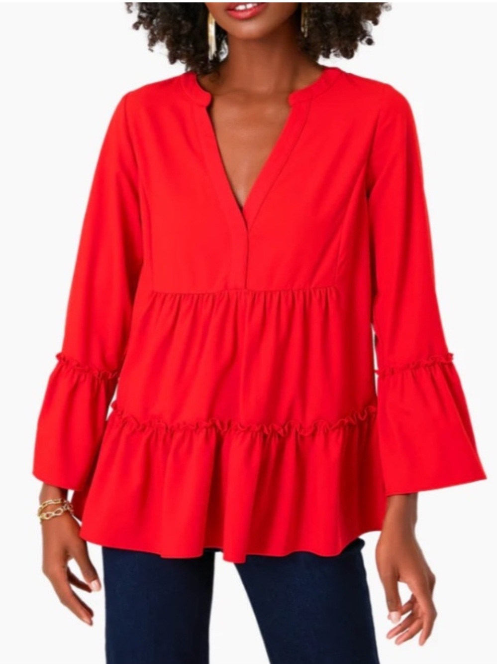 Pomander Place Kenzo Blouse Red Size Small Crepe Ruffle V-Neck Top Empire Waist